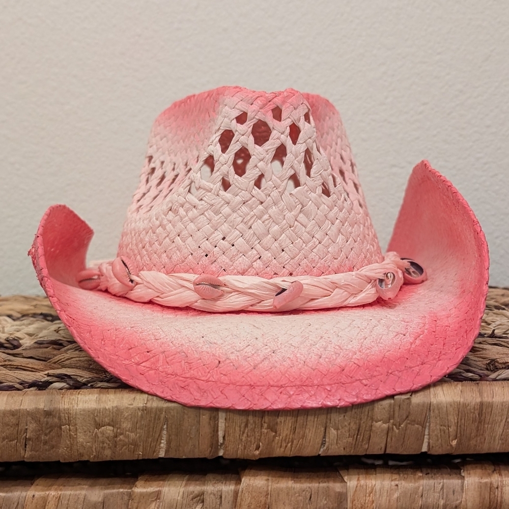 Vintage Coastal Headwear Pink Tea Stain Straw COWBOY HAT WESTERN cowgirl - Picture 2 of 10